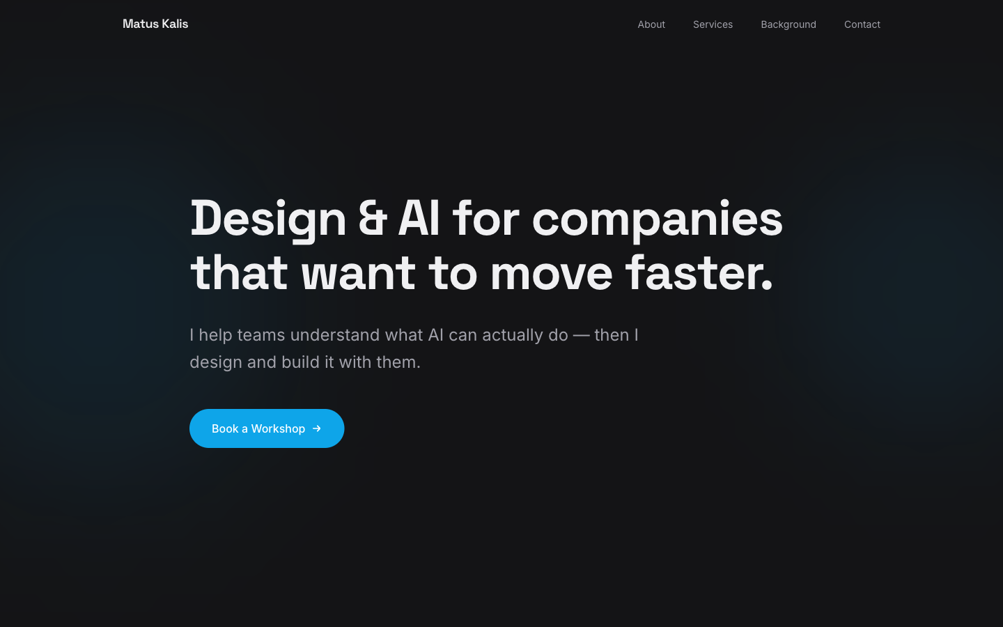 Charcoal hero with a large white headline and a single bright blue button