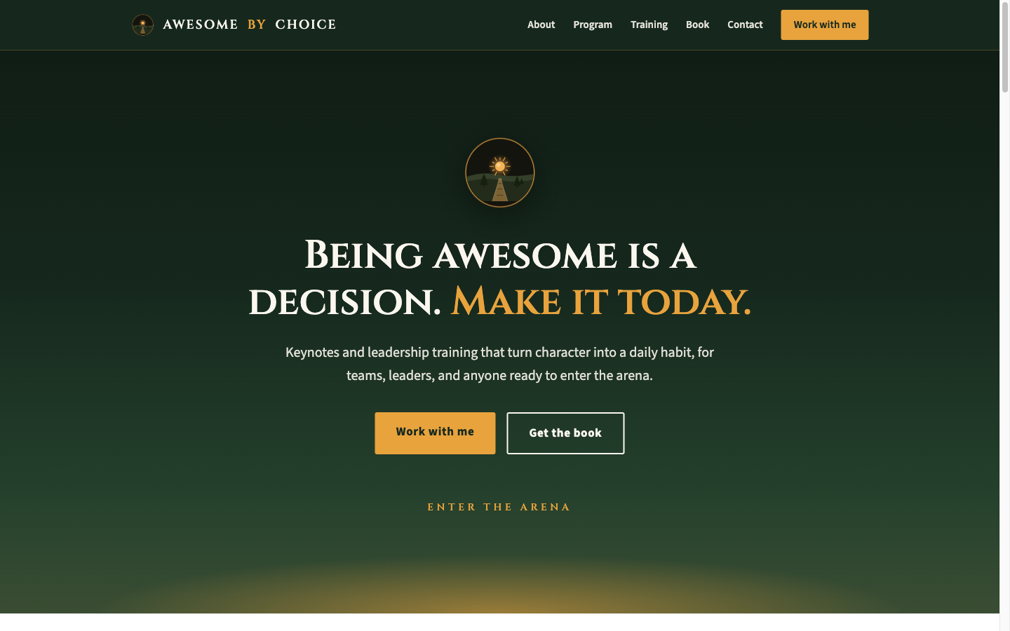 Deep forest-green hero with an amber sunrise emblem and a high-contrast serif headline