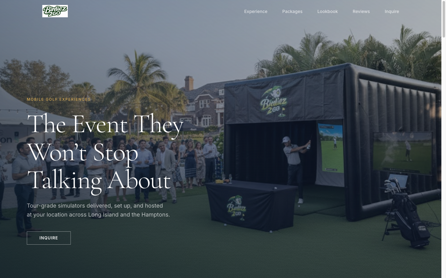 Evening photograph of a golf simulator at a garden party with a serif headline over it