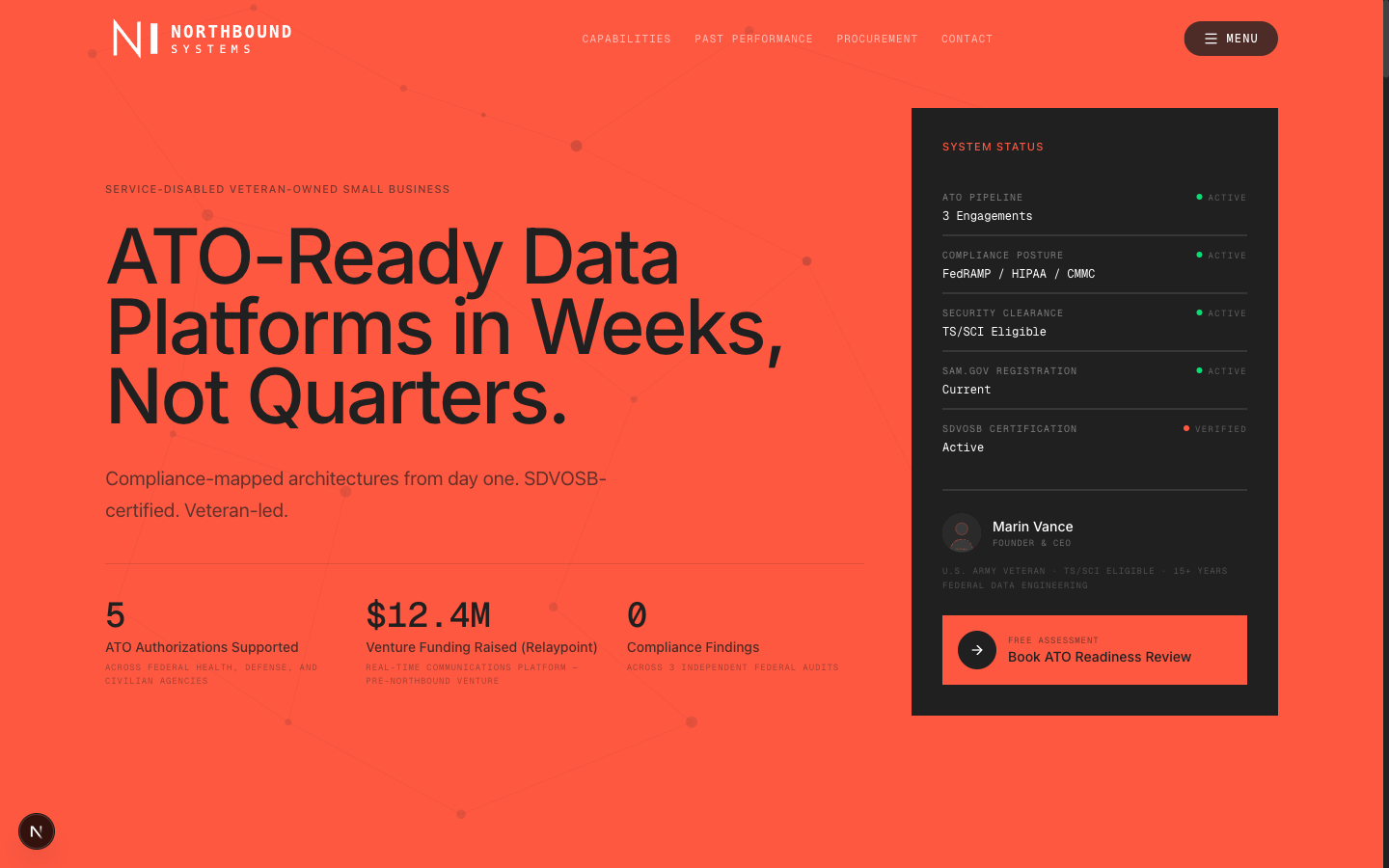 Coral-on-charcoal hero with an oversized headline and a dark status panel