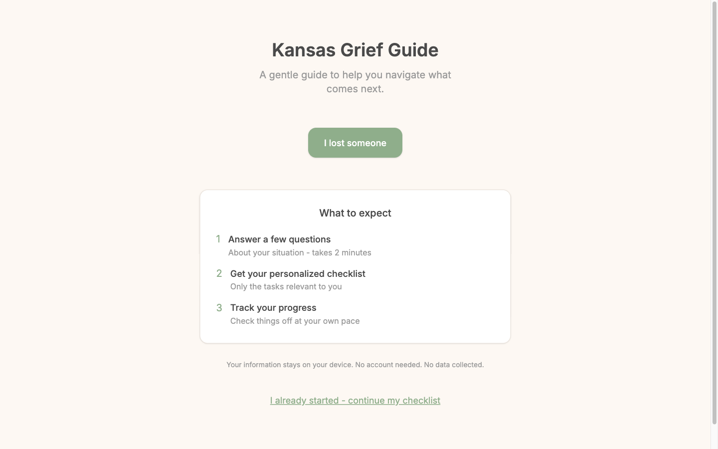 Calm cream page with a single sage-green button reading I lost someone