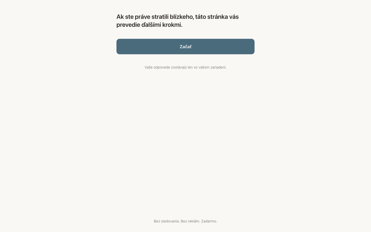Slovak landing page reading Ak ste práve stratili blízkeho with a single Začať button