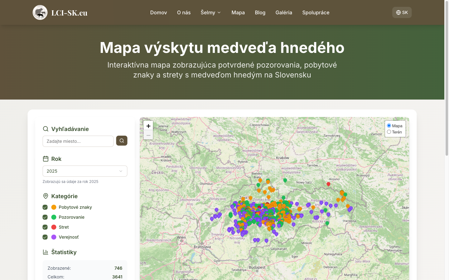 Interactive occurrence map of Slovakia with hundreds of coloured pins, a search and year filter rail on the left, and a statistics panel