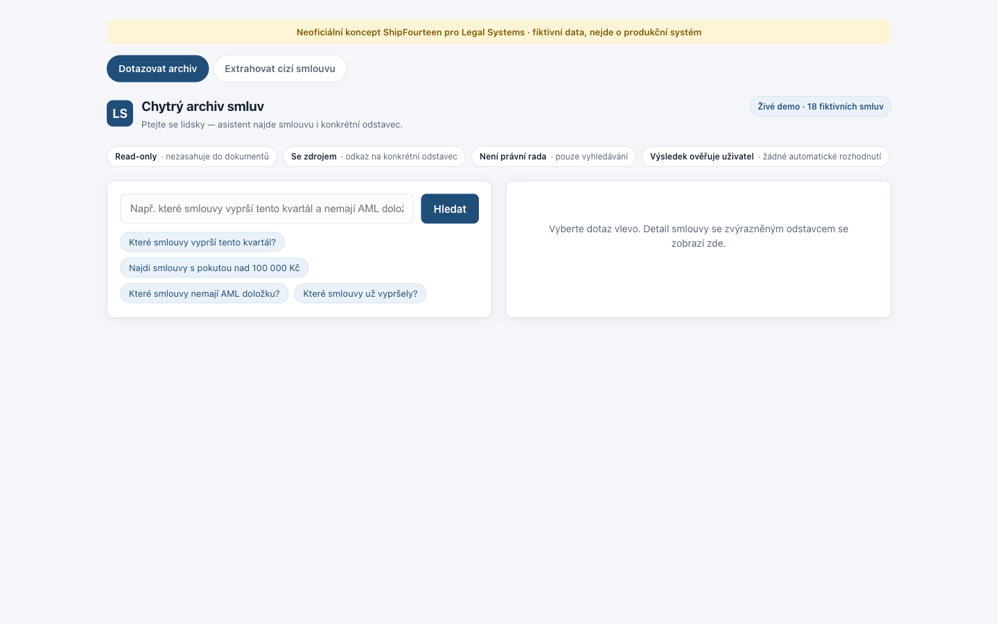 Empty state of the same interface, with suggested query chips and an instruction in the right pane