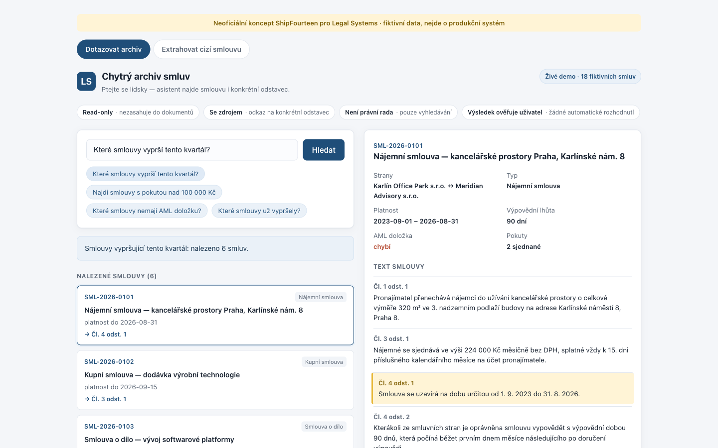Two-pane contract archive interface with a highlighted clause on the right