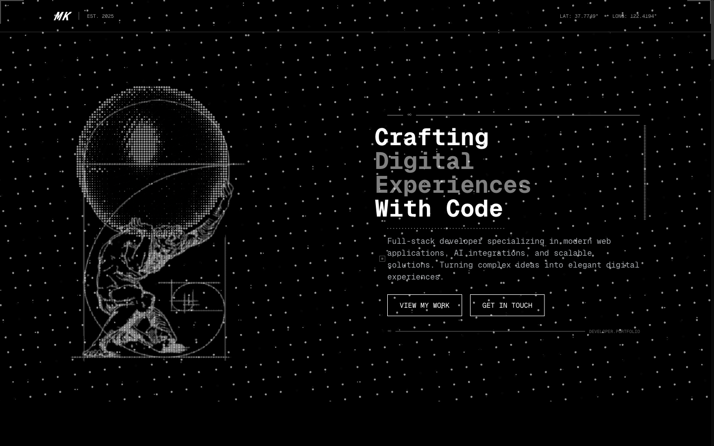 Black starfield page with a dot-matrix Atlas figure and a monospace headline
