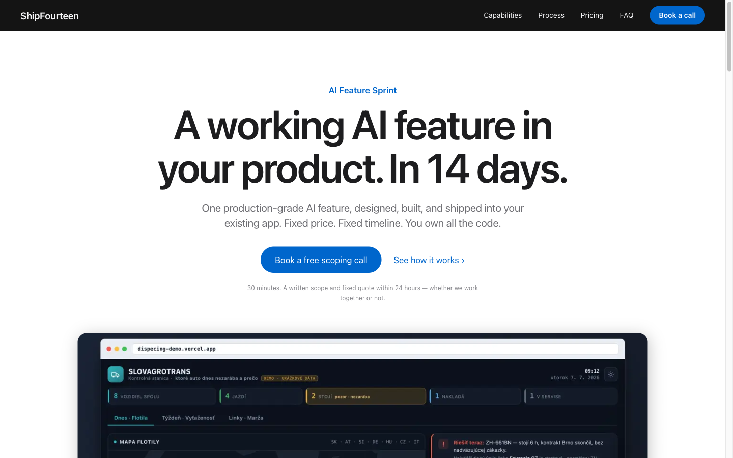 Plain white centred landing page with a black headline and one blue button