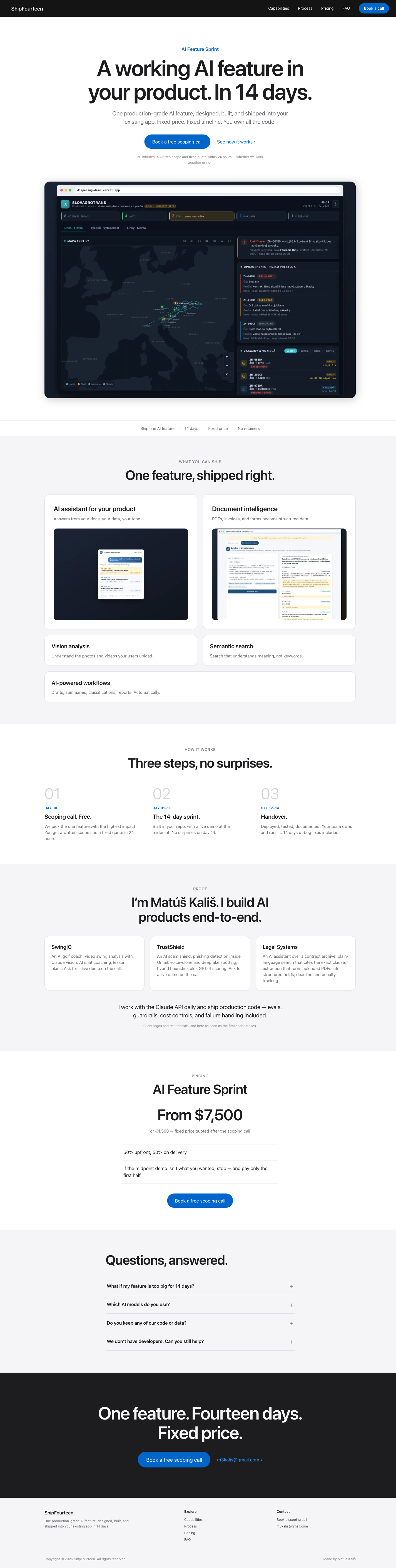 Full homepage scroll showing capabilities, process, pricing and FAQ in sequence