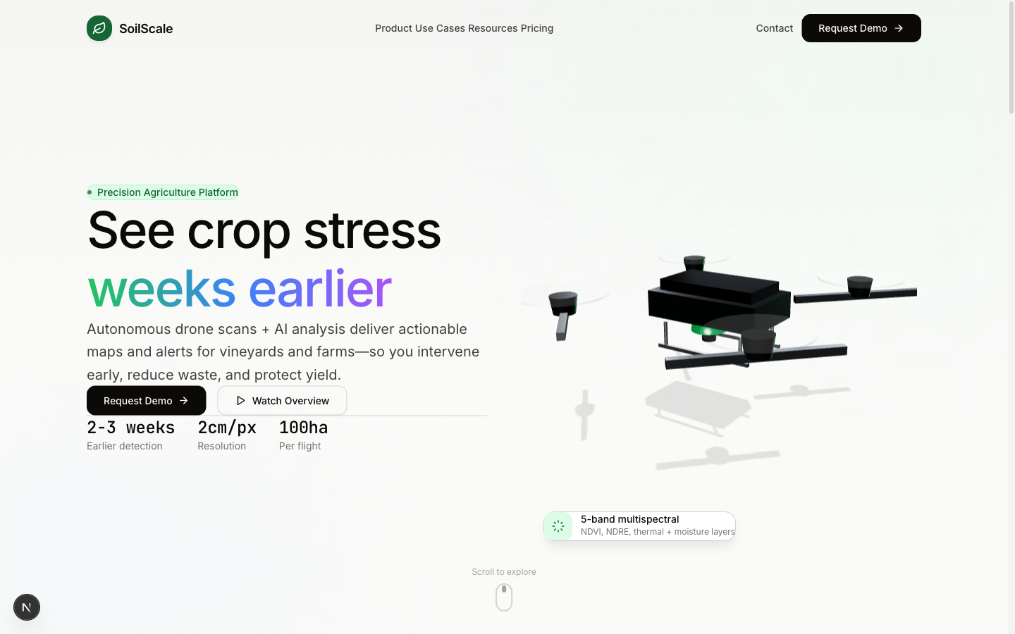 Light agri-tech hero with a 3D drone model hovering beside the headline