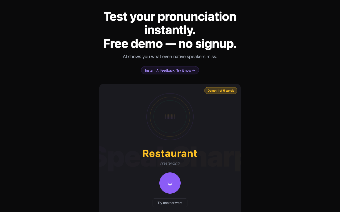 Near-black page with a live pronunciation recorder showing a word and its phonetic spelling