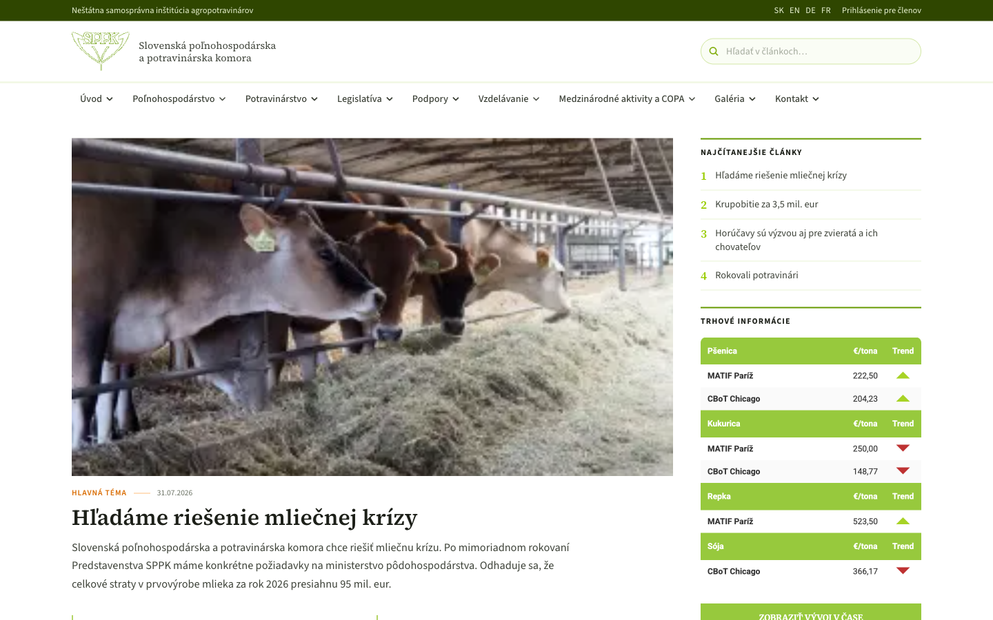 Institutional Slovak news site with a cattle photograph, green rules, and a ranked most-read rail
