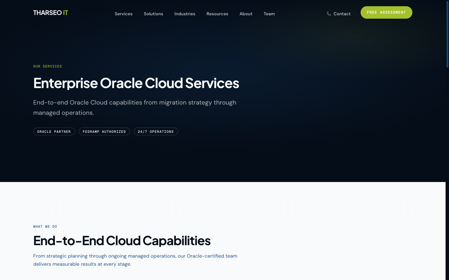 Services page continuing the lime-on-navy system
