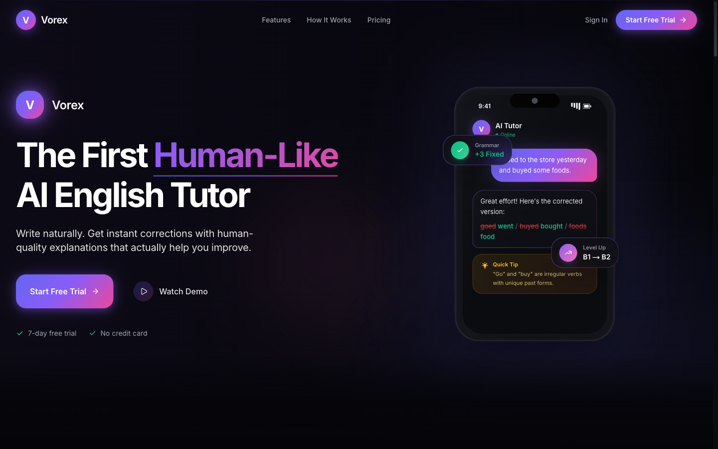 Dark violet product hero with a gradient headline and a phone mockup showing a live grammar correction